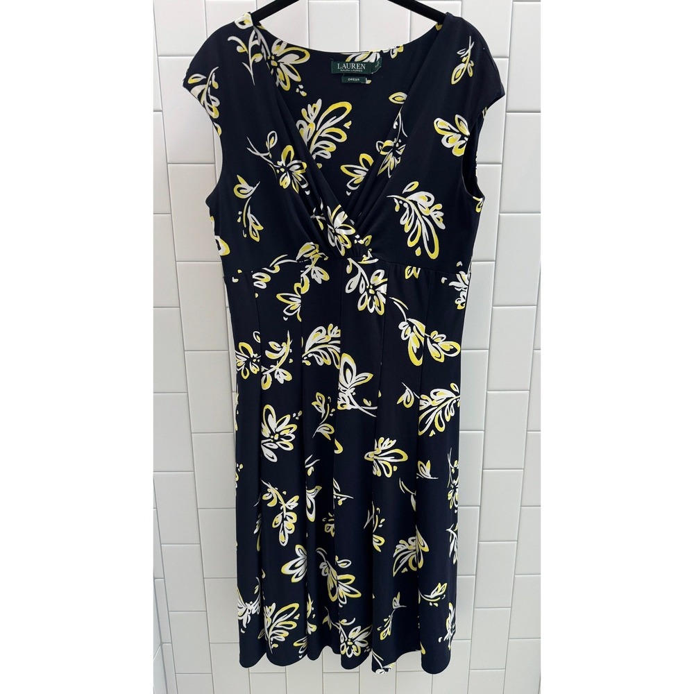 Lauren Ralph Lauren Navy Yellow Floral Fit Flare V-Neck Jersey Dress Size 12